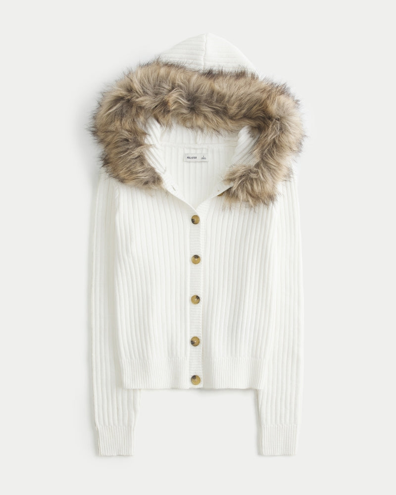 Hollister - Hooded Faux Fur Trim Cardigan