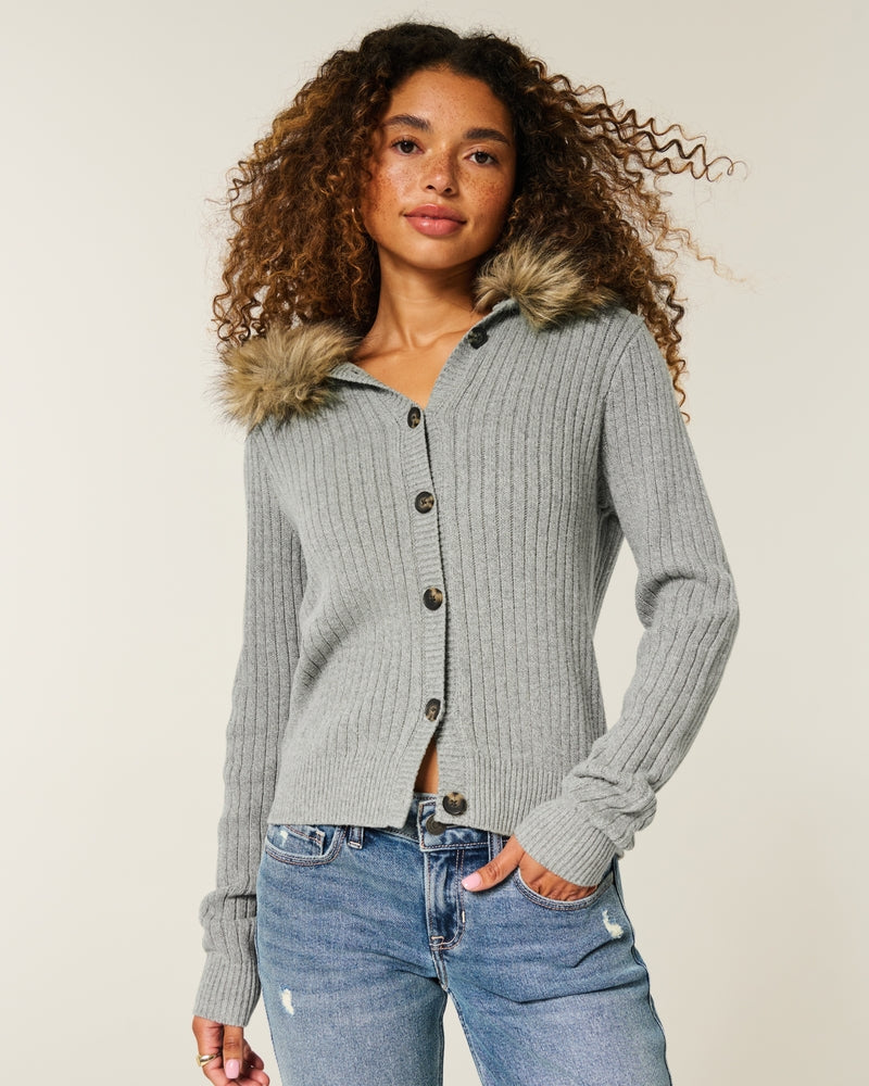Hollister - Hooded Faux Fur Trim Cardigan