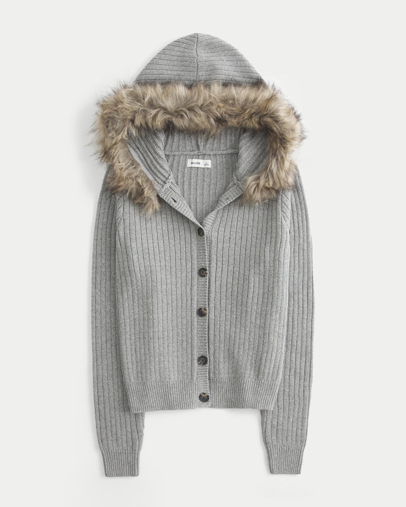 Hollister - Hooded Faux Fur Trim Cardigan