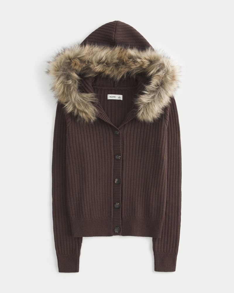 Hollister - Hooded Faux Fur Trim Cardigan