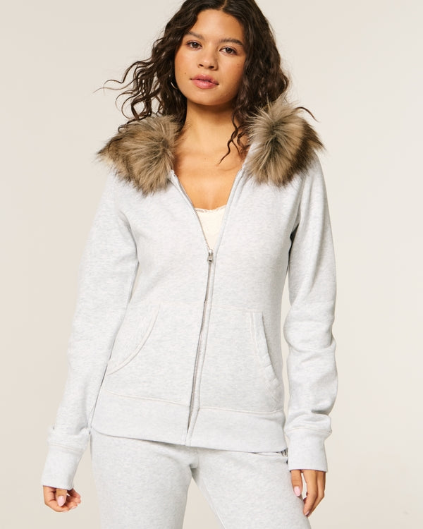 Hollister - Faux Fur Trim Logo Graphic Zip-Up Hoodie