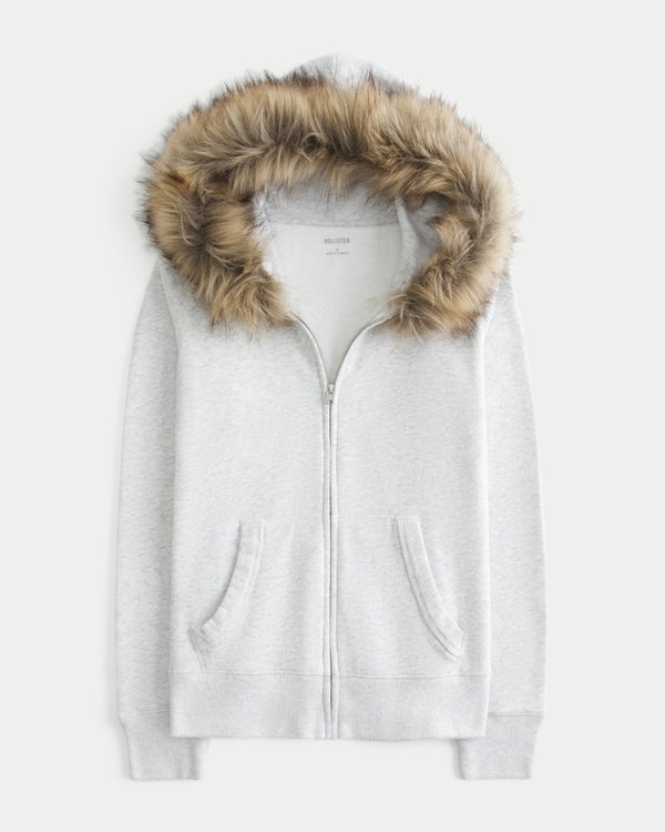 Hollister - Faux Fur Trim Logo Graphic Zip-Up Hoodie