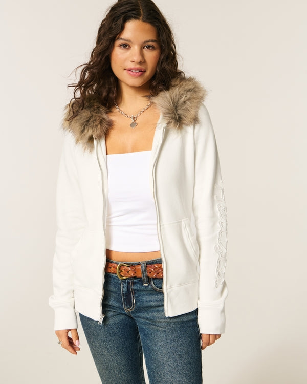 Hollister - Faux Fur Trim Logo Graphic Zip-Up Hoodie