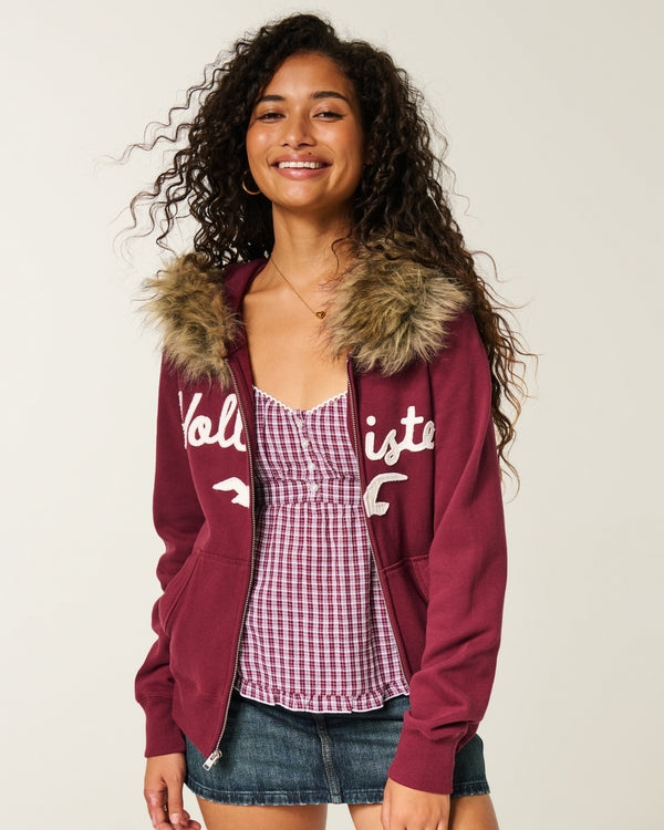 Hollister - Faux Fur Trim Logo Graphic Zip-Up Hoodie