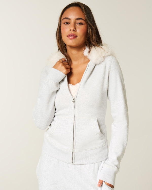 Hollister - Faux Fur Trim Logo Graphic Zip-Up Hoodie