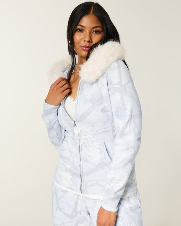 Hollister - Faux Fur Trim Logo Graphic Zip-Up Hoodie