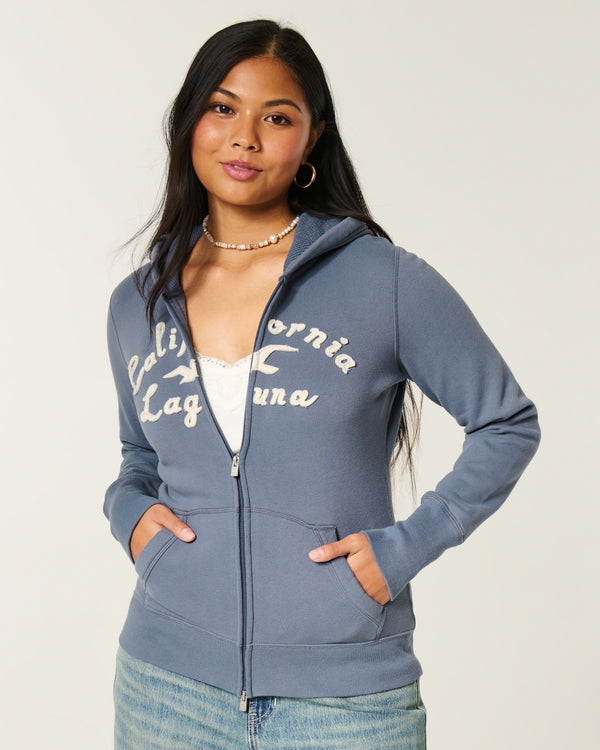 Hollister - Waffle Lined Hood Zip-Up Logo Graphic Hoodie