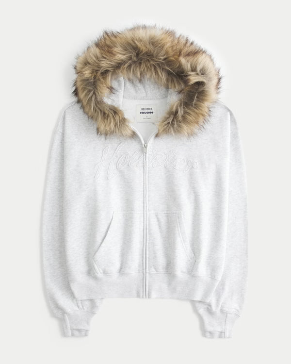 Hollister - Feel Good Faux Fur Trim Logo Zip-Up Hoodie