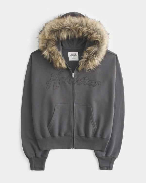 Hollister - Feel Good Faux Fur Trim Logo Zip-Up Hoodie