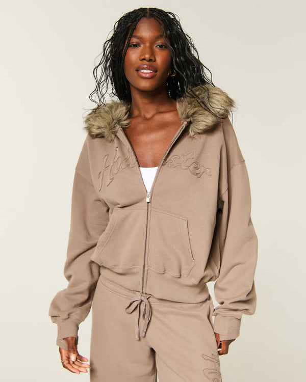 Hollister - Feel Good Faux Fur Trim Logo Zip-Up Hoodie