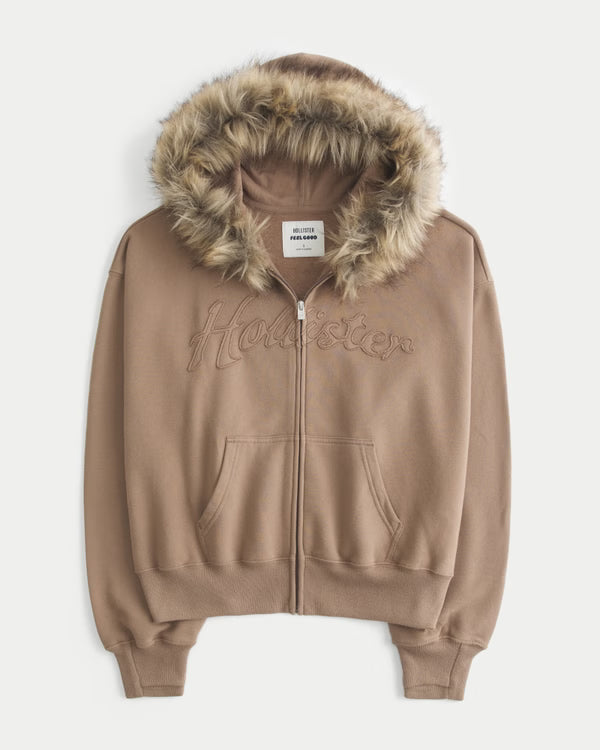 Hollister - Feel Good Faux Fur Trim Logo Zip-Up Hoodie