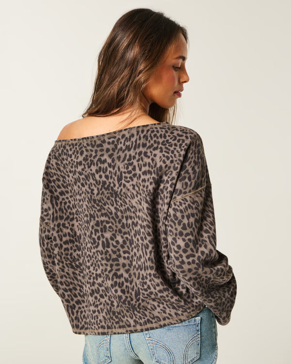 Hollister - Easy Off-the-Shoulder Leopard Print Terry Sweatshirt