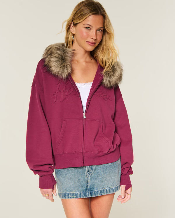 Hollister - Feel Good Faux Fur Trim Logo Zip-Up Hoodie