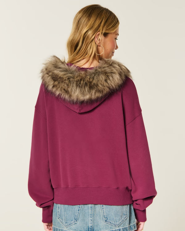 Hollister - Feel Good Faux Fur Trim Logo Zip-Up Hoodie