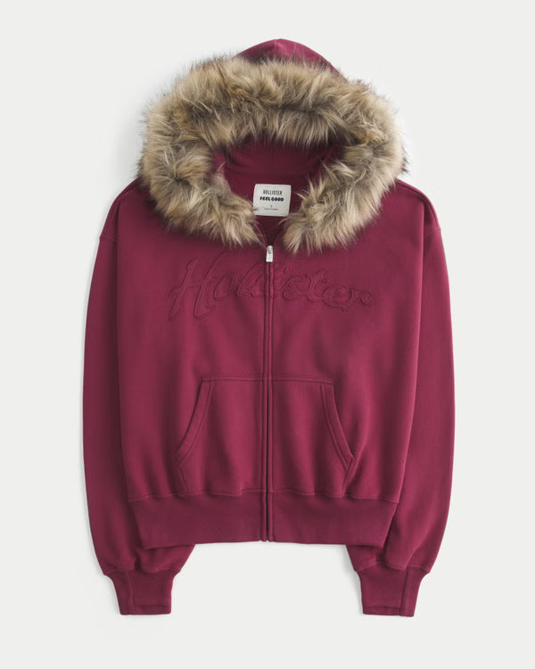 Hollister - Feel Good Faux Fur Trim Logo Zip-Up Hoodie