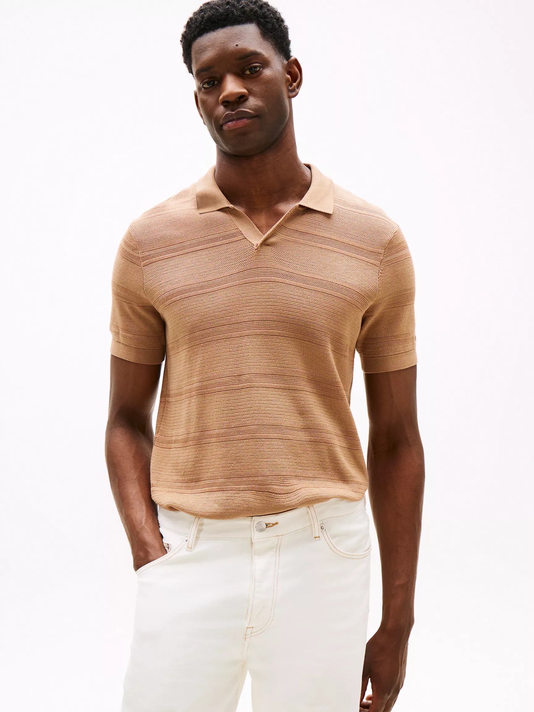 Open-Neck Stripe Knit Sweater Polo