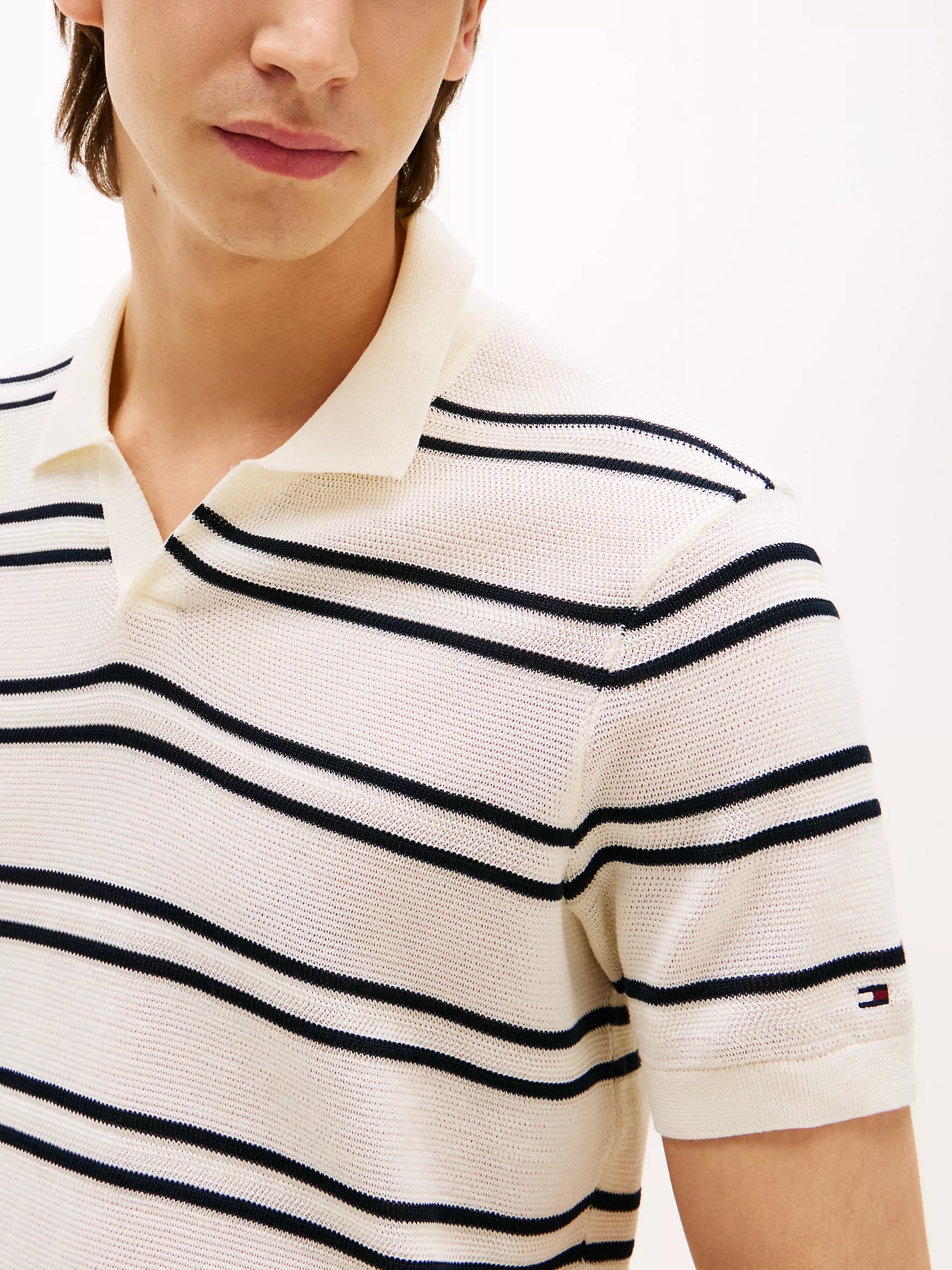 Open-Neck Stripe Knit Sweater Polo