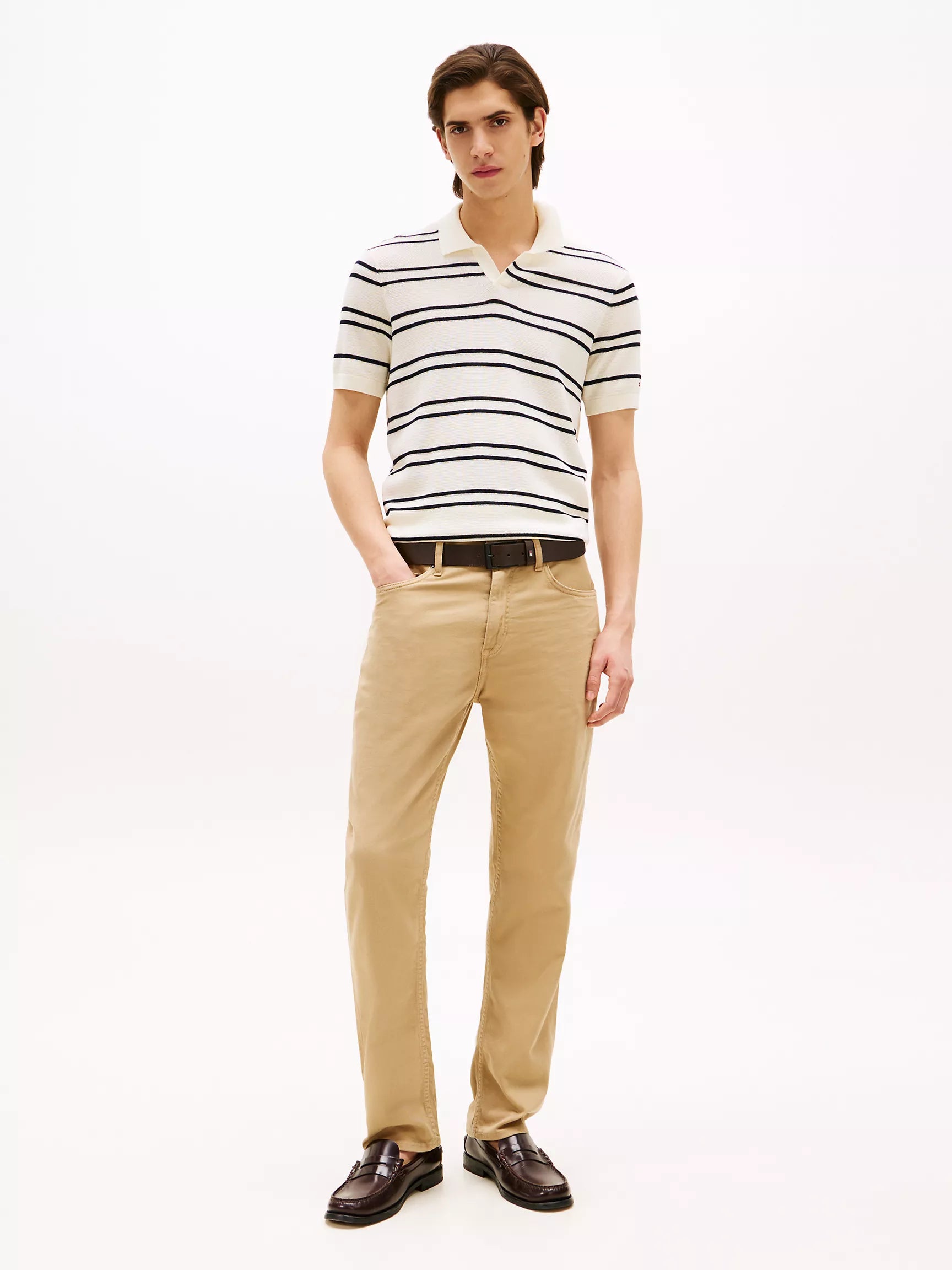 Open-Neck Stripe Knit Sweater Polo