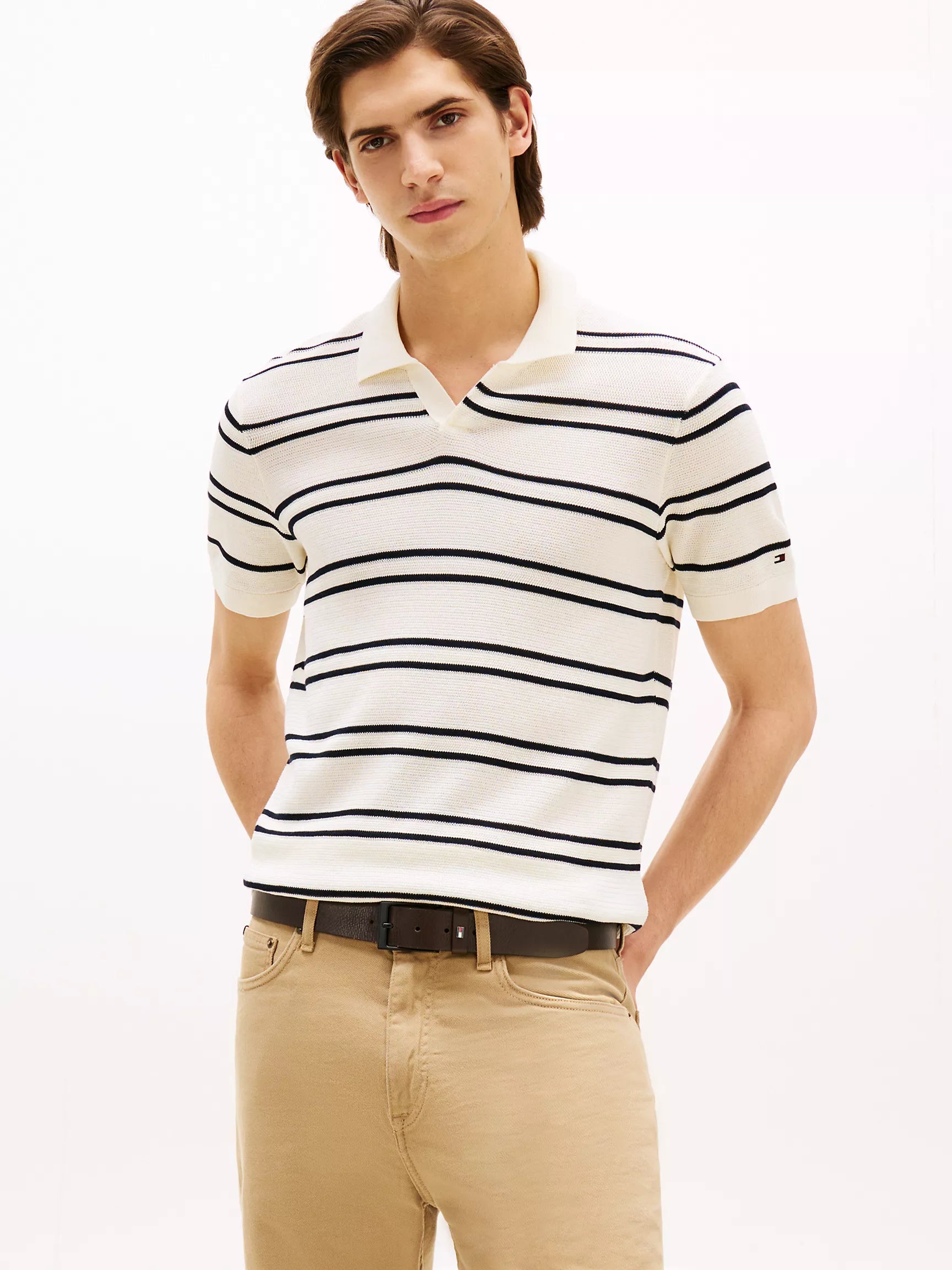 Open-Neck Stripe Knit Sweater Polo