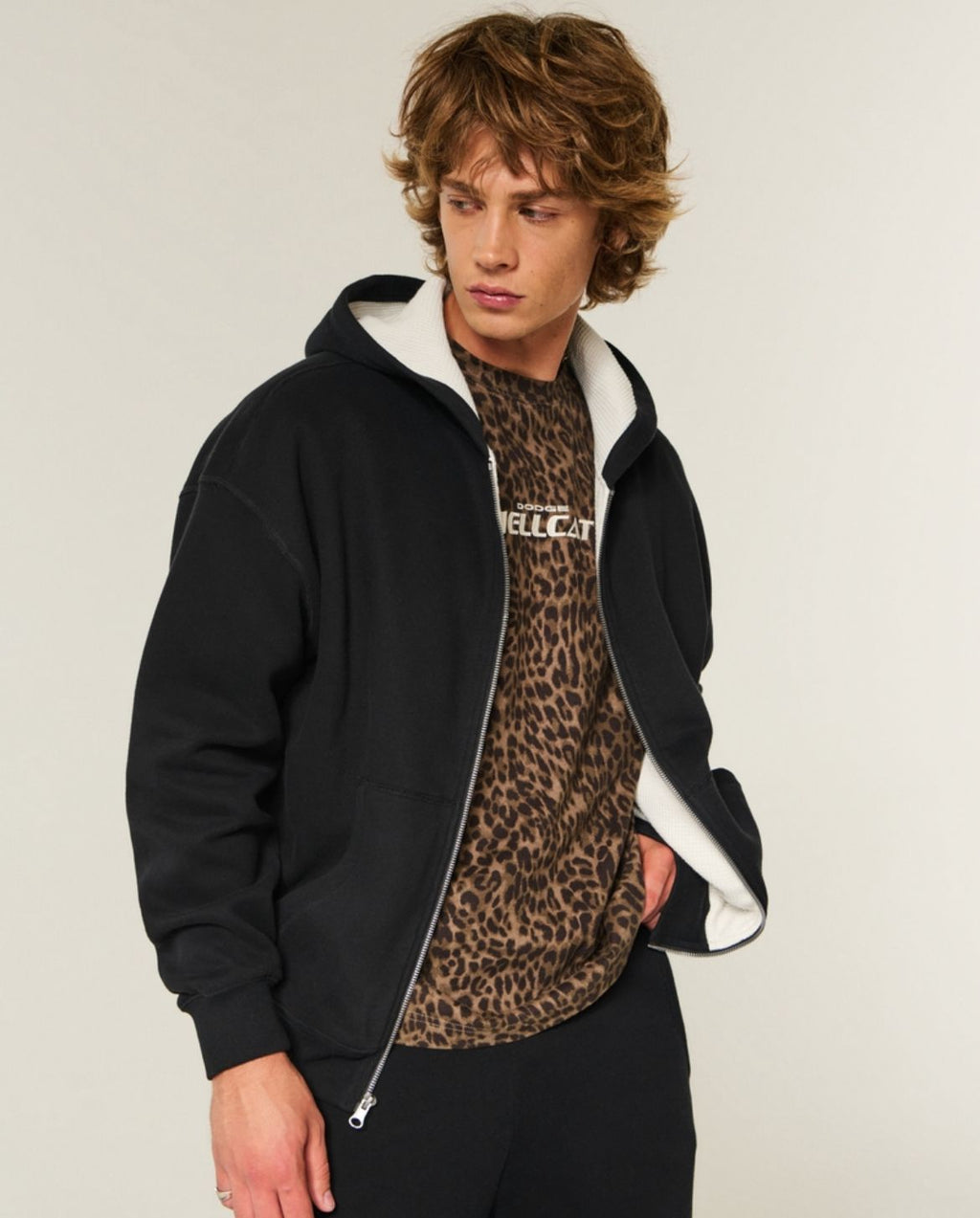 Hollister - Boxy Waffle-Lined Zip-up Hoodie