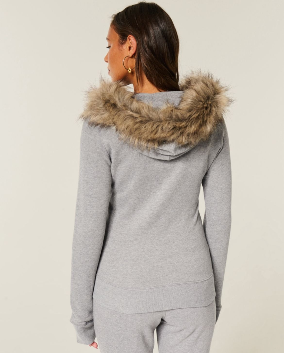 Hollister - Faux Fur Trim Logo Graphic Zip-Up Hoodie