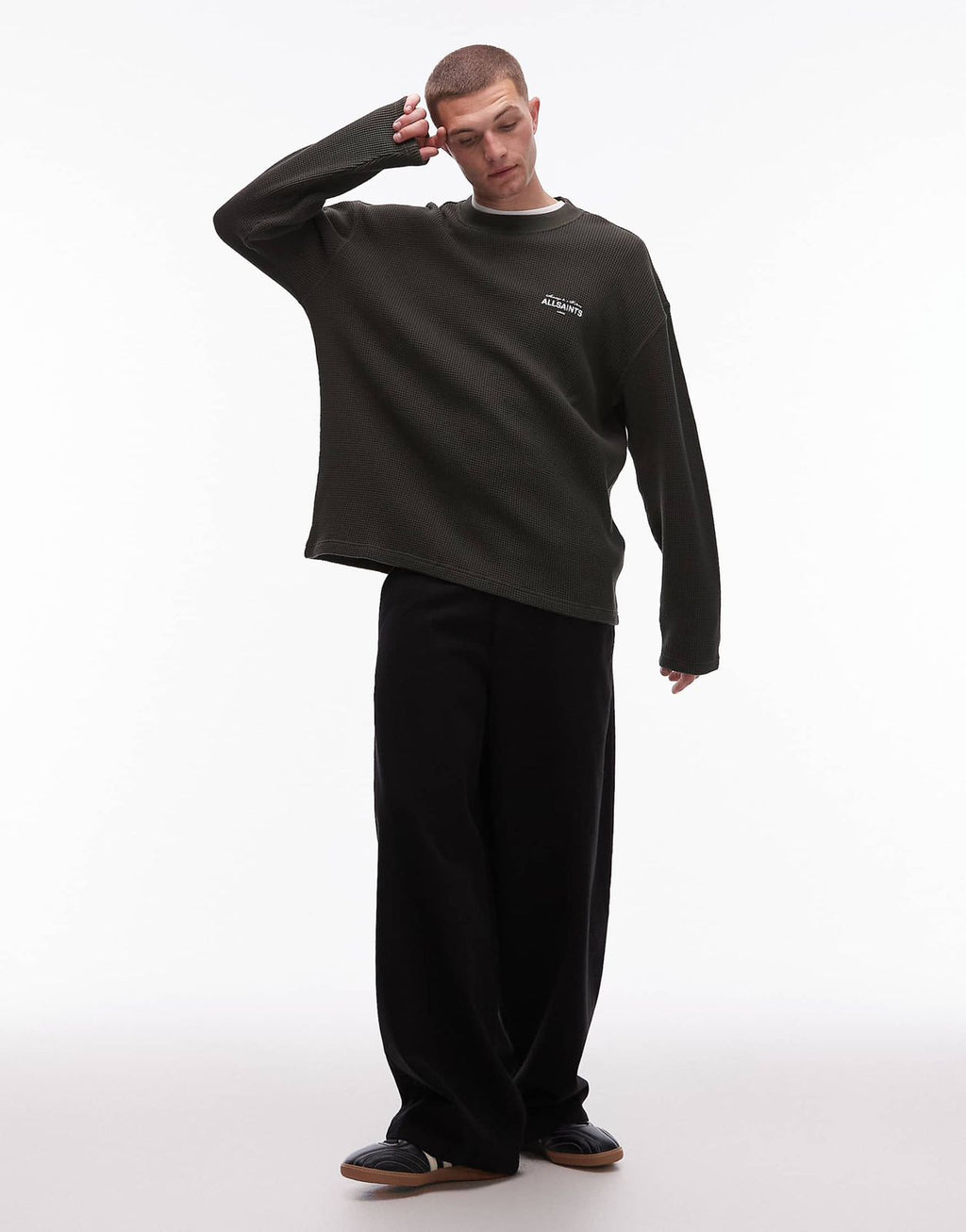 Allsaints - herald long sleeve waffle t-shirt in green