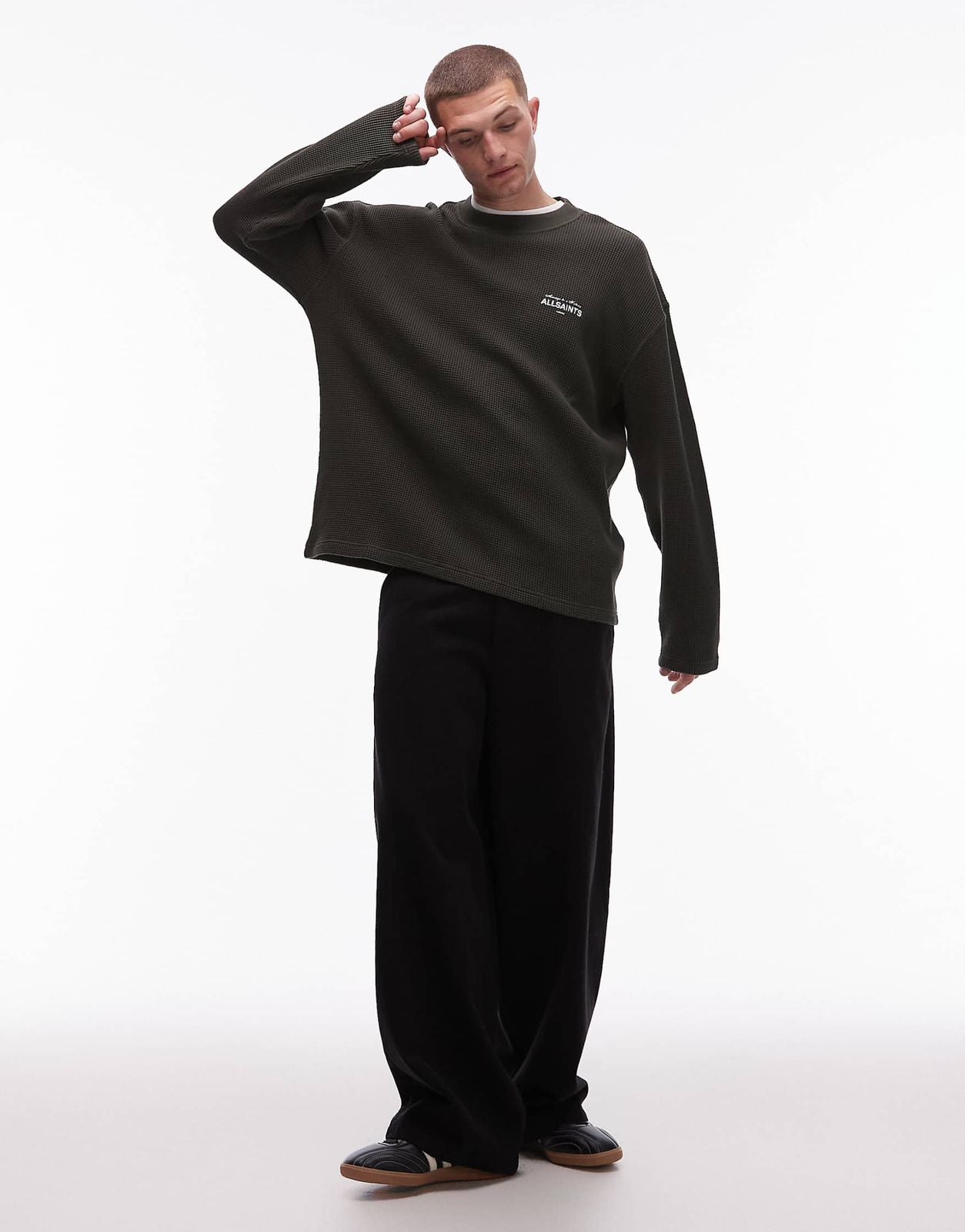 Allsaints - herald long sleeve waffle t-shirt in green