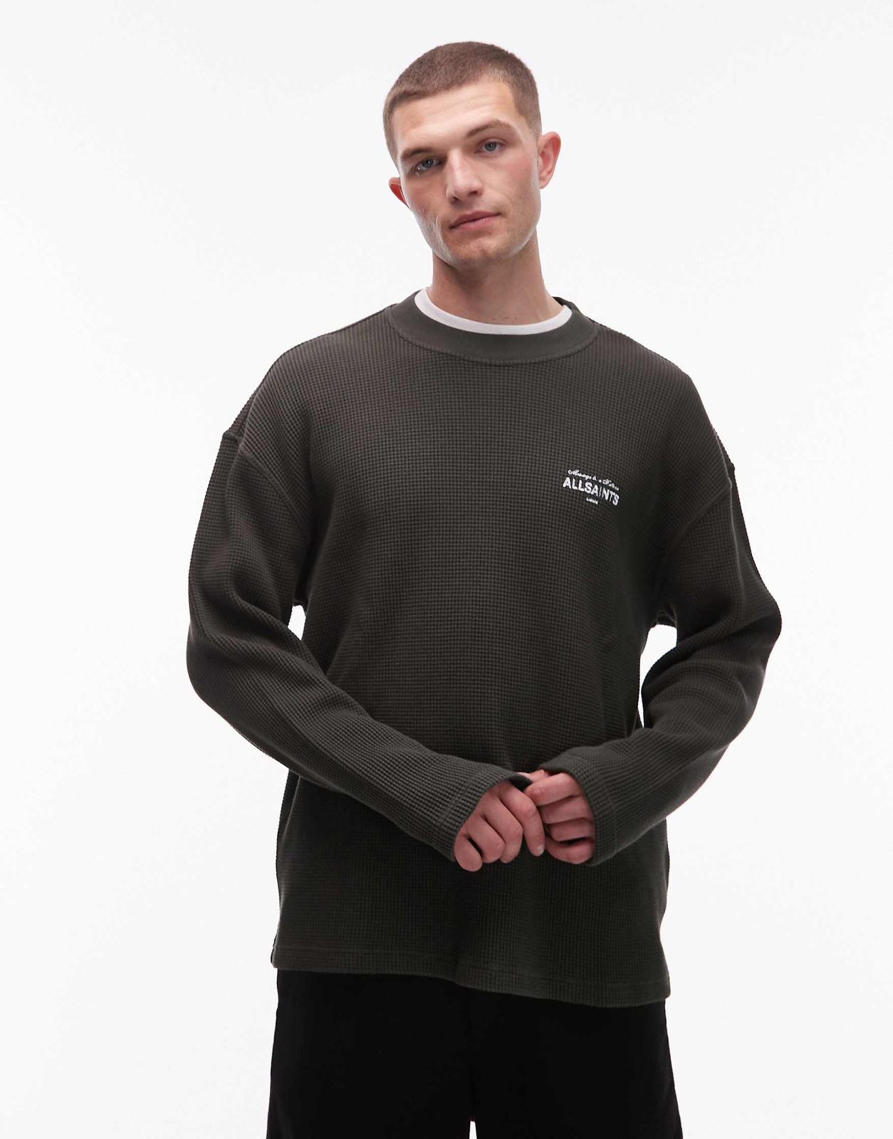Allsaints - herald long sleeve waffle t-shirt in green