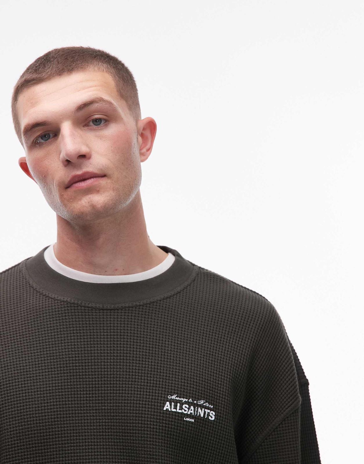 Allsaints - herald long sleeve waffle t-shirt in green