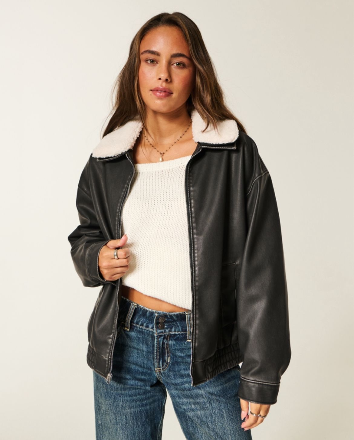 Hollister - Sherpa Collar Faux Leather Bomber Jacket