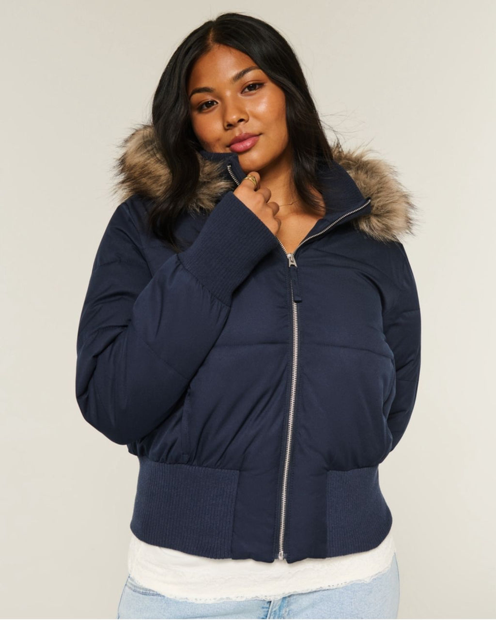 Hollister - Faux Fur Trim Puffer Bomber Jacket