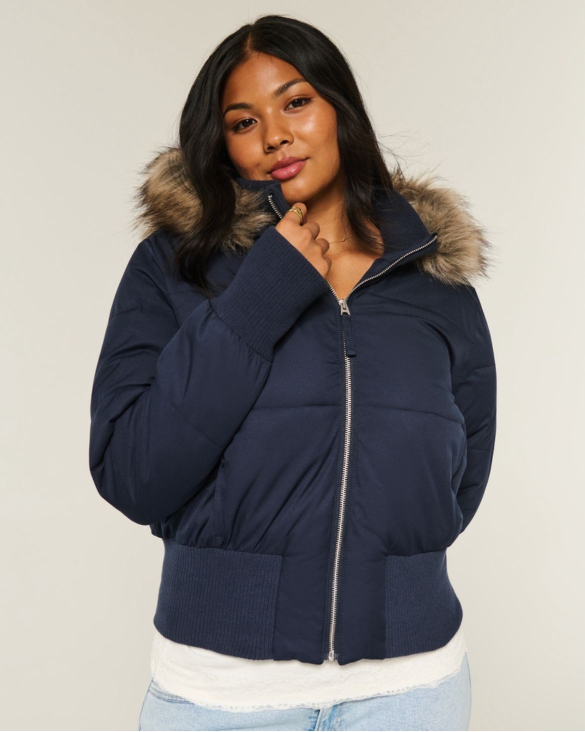 Hollister - Faux Fur Trim Puffer Bomber Jacket