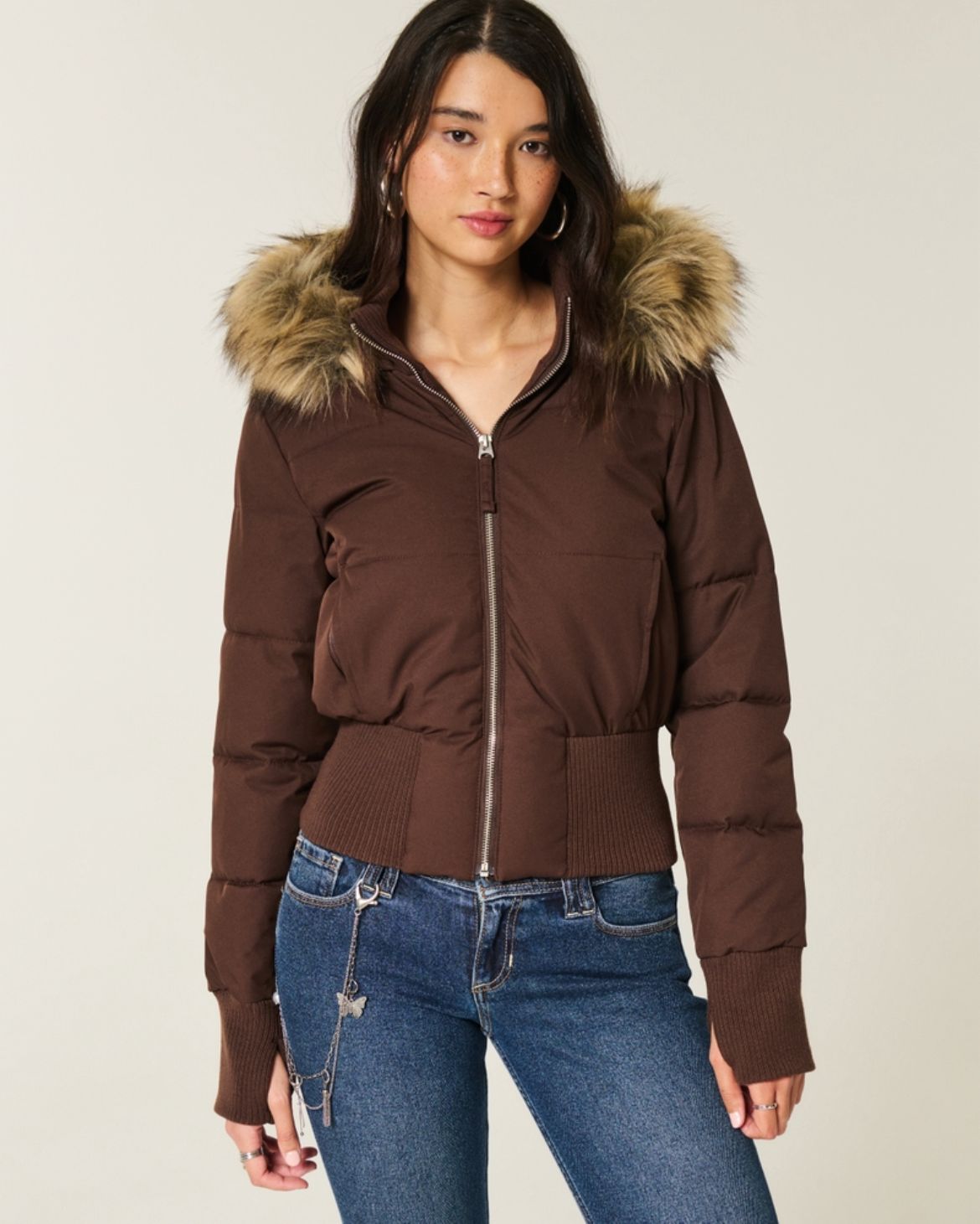 Hollister - Faux Fur Trim Puffer Bomber Jacket