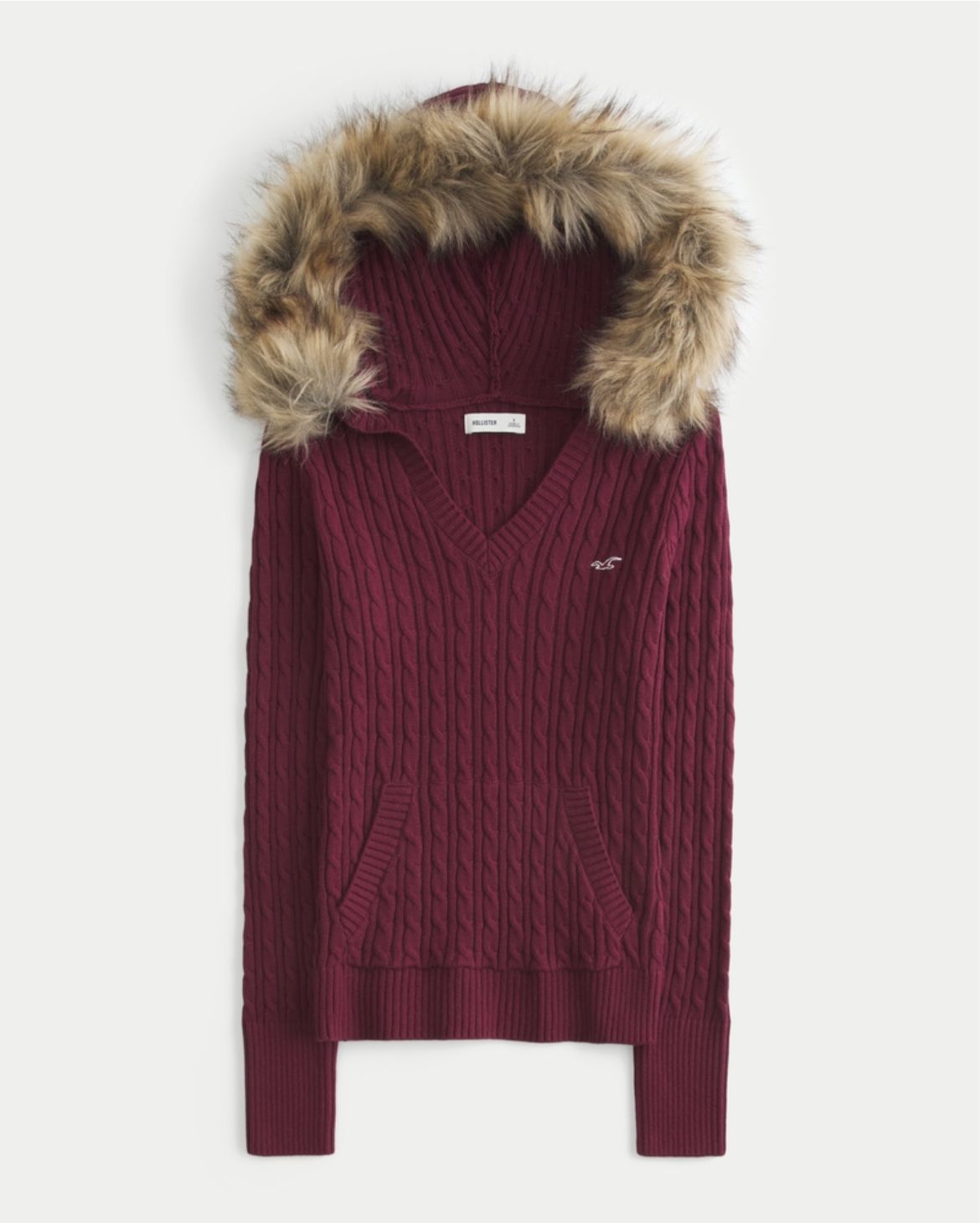 Hollister - Faux Fur Trim Hooded Cable-Knit Sweater