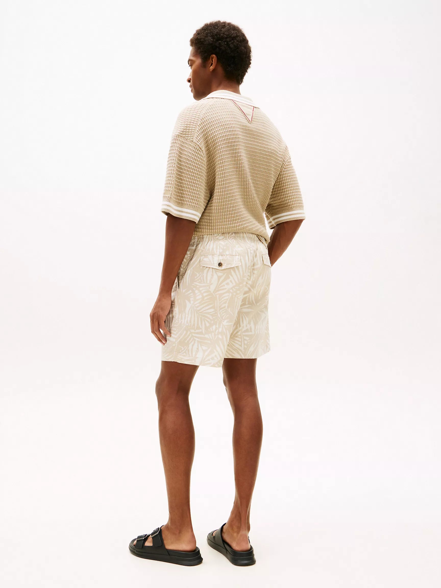 7" Palm Print Stretch Cotton-Linen Short