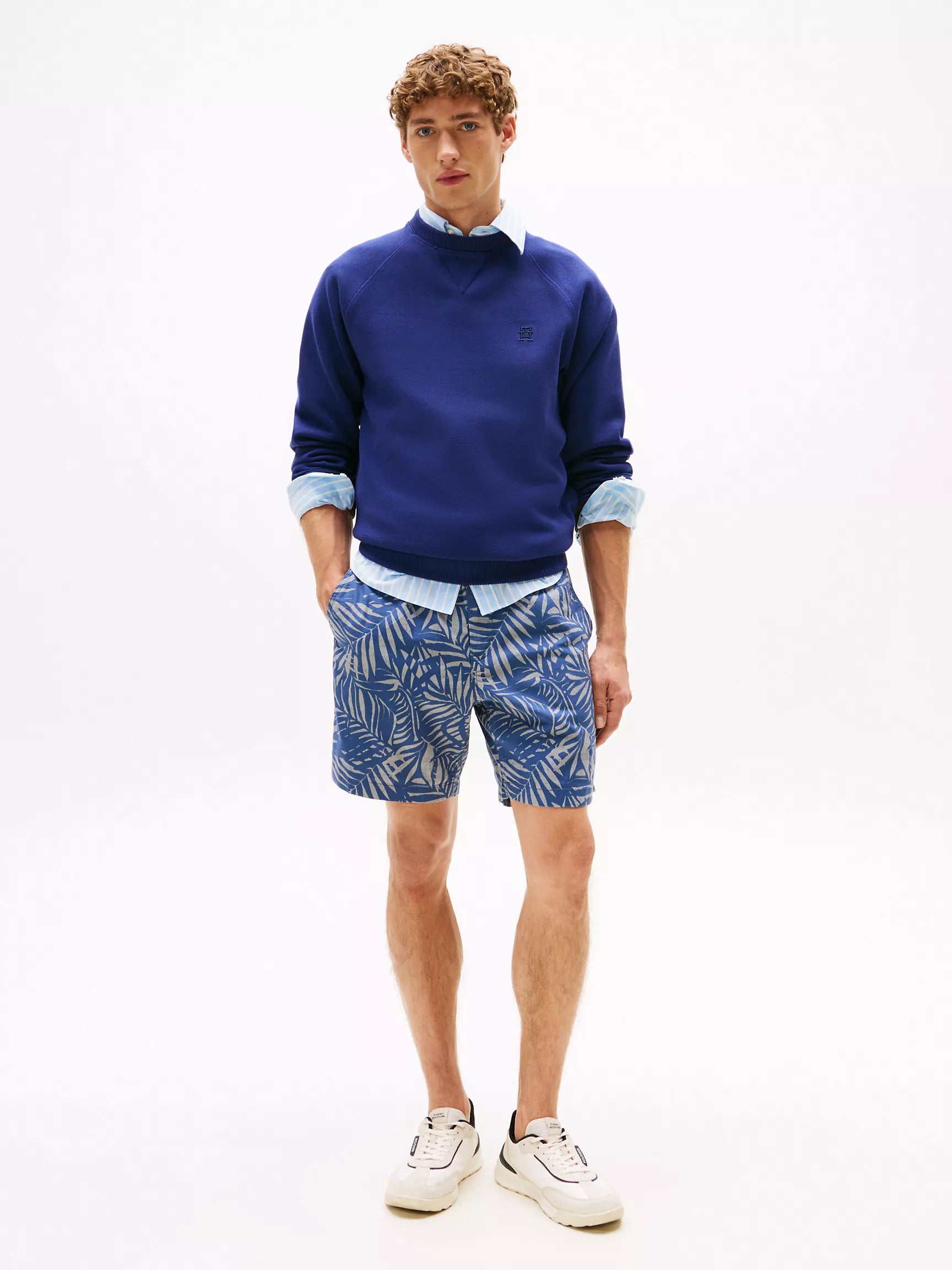 7" Palm Print Stretch Cotton-Linen Short