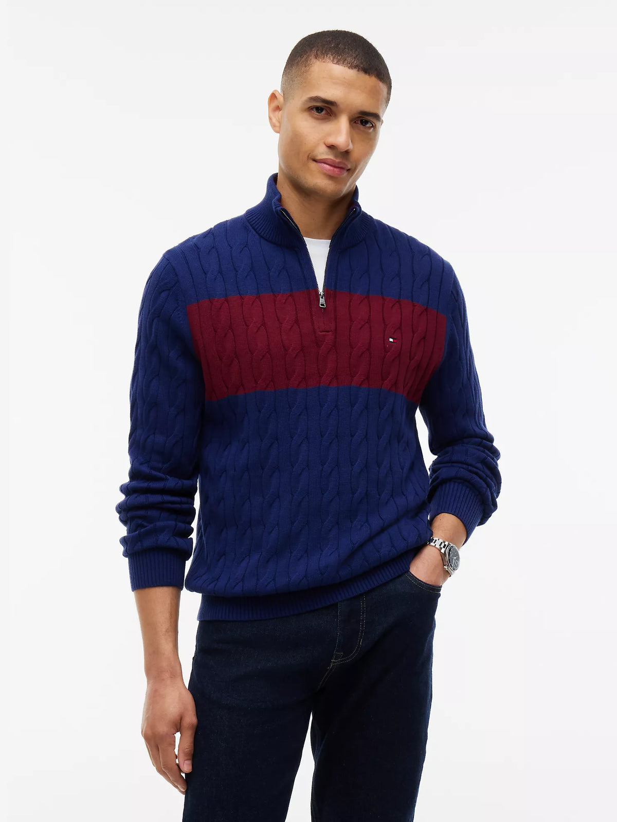 Tommy Hilfiger - Cable Knit Striped Quarter-Zip Sweater