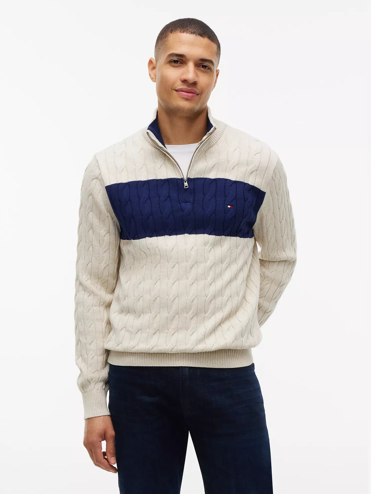 Tommy Hilfiger - Cable Knit Striped Quarter-Zip Sweater