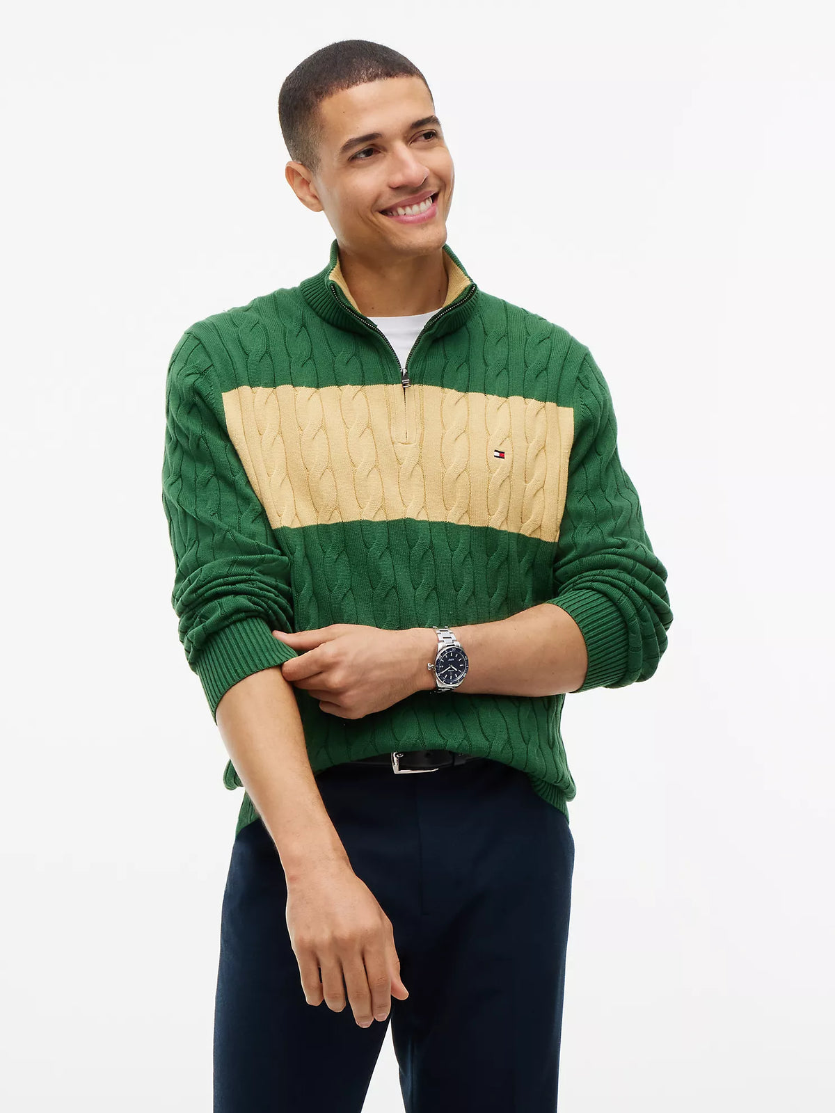 Tommy Hilfiger - Cable Knit Striped Quarter-Zip Sweater