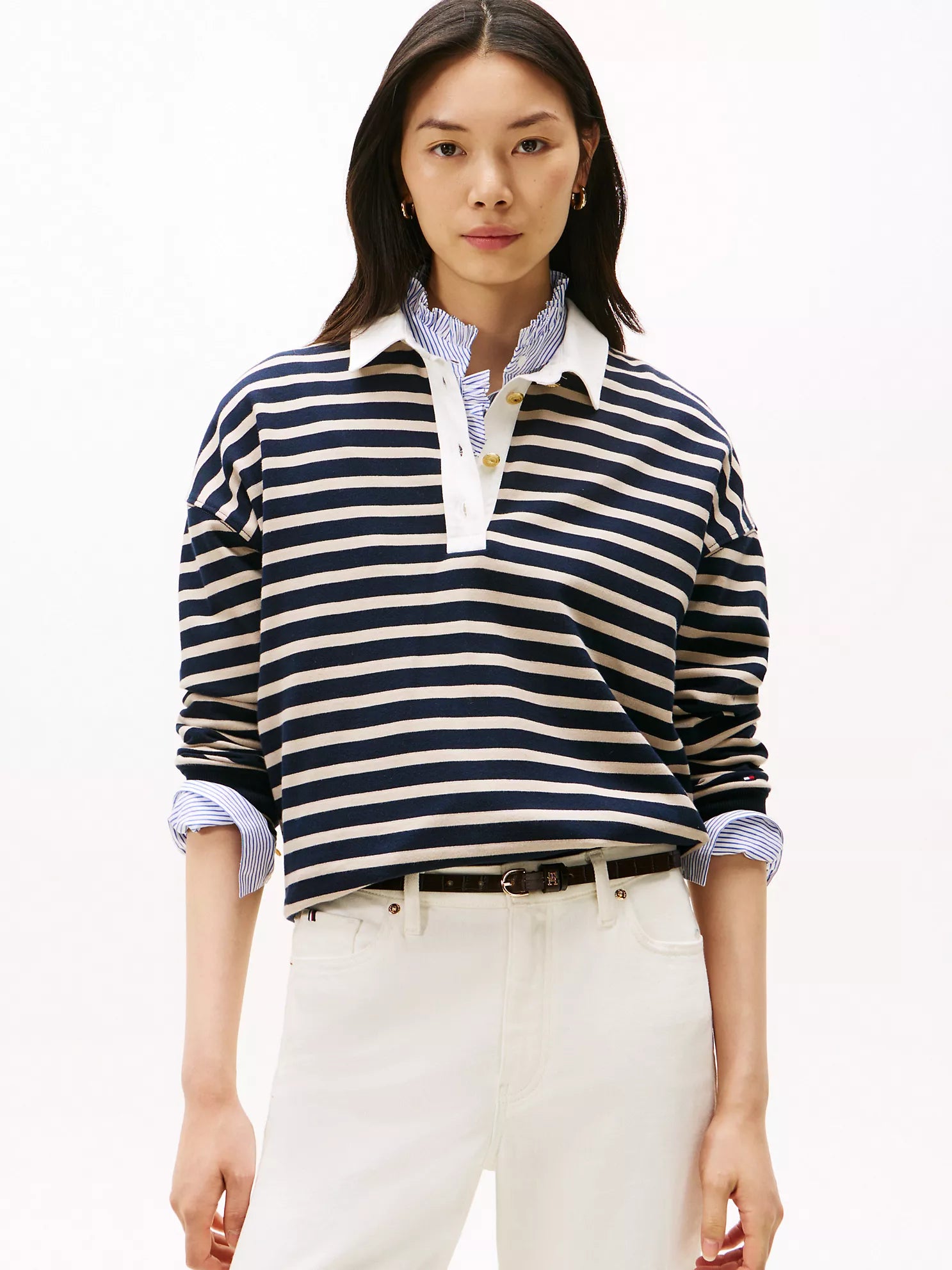 Tommy Hilfiger - Gold-Button Stripe Polo Sweatshirt