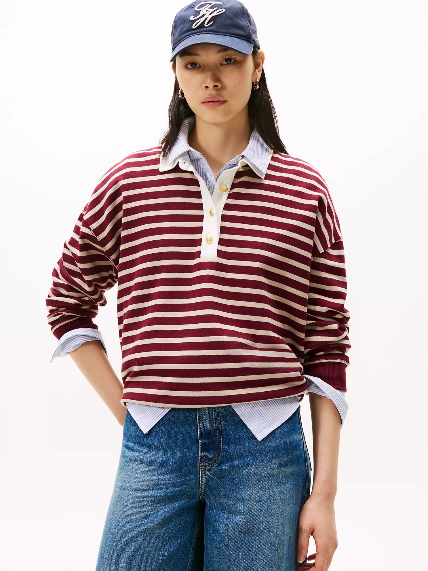 Tommy Hilfiger - Gold-Button Stripe Polo Sweatshirt