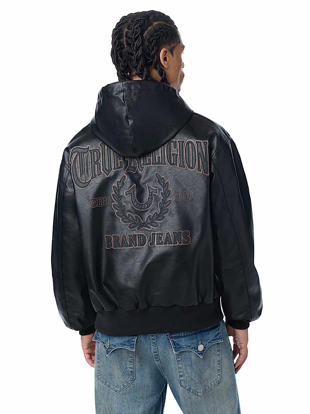 True Religion - Faux Leather Hooded Bomber Jacket
