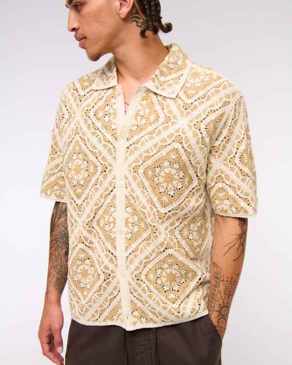 Abercrombie & Fitch - Crochet-Style Floral Button-Through Sweater Polo IMMEDIATE