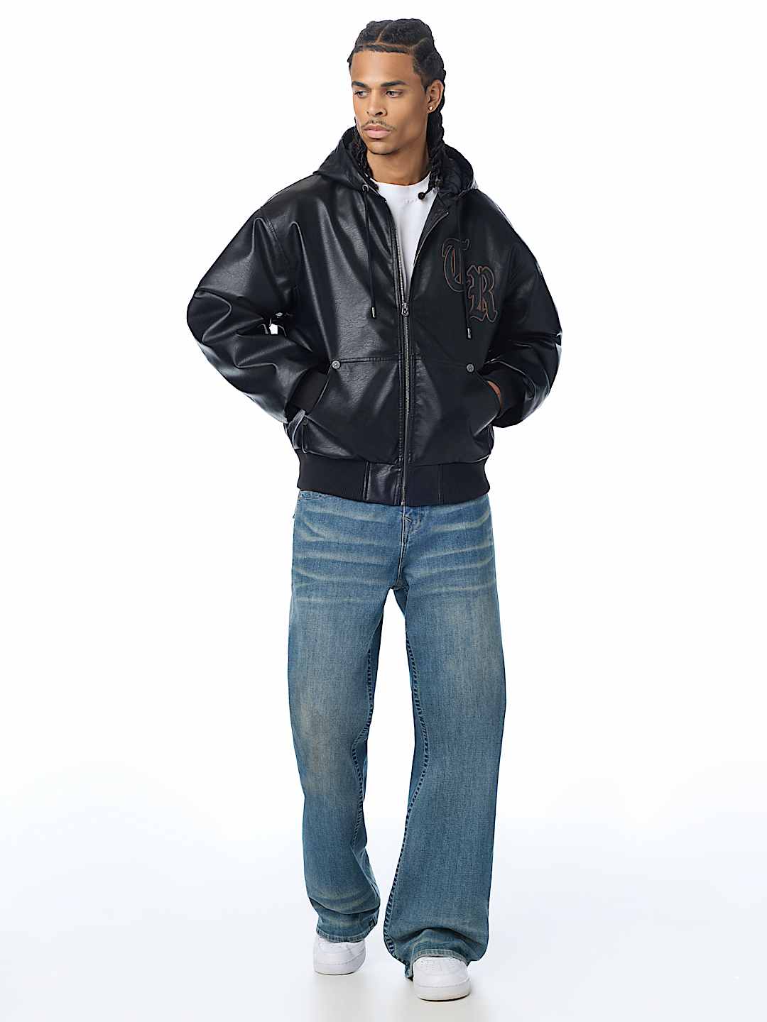 True Religion - Faux Leather Hooded Bomber Jacket