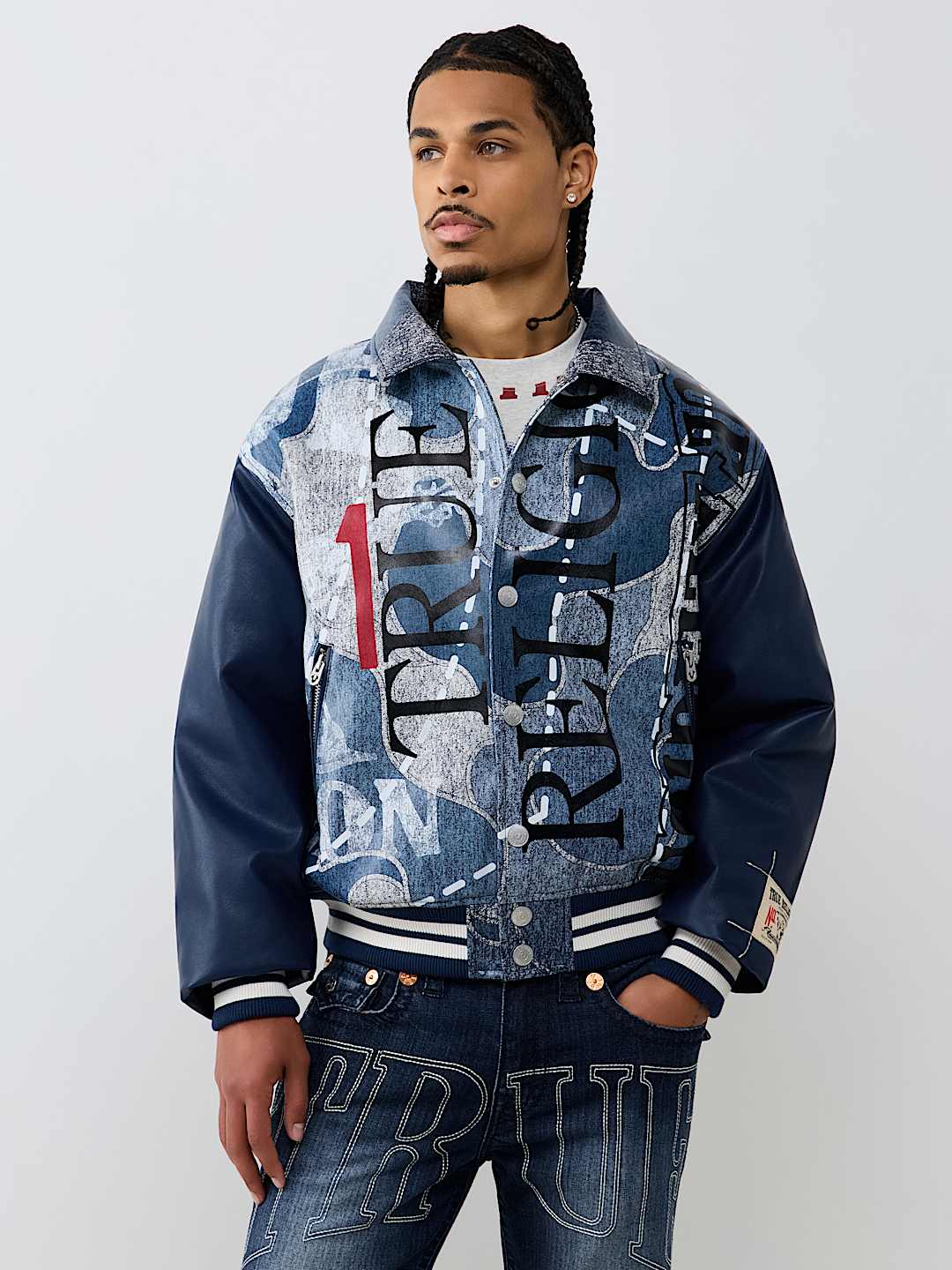 True Religion - No. 1 Logo Denim Print Bomber Jacket