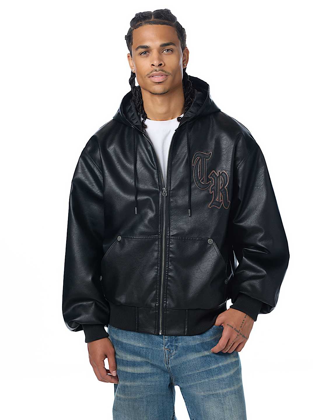 True Religion - Faux Leather Hooded Bomber Jacket