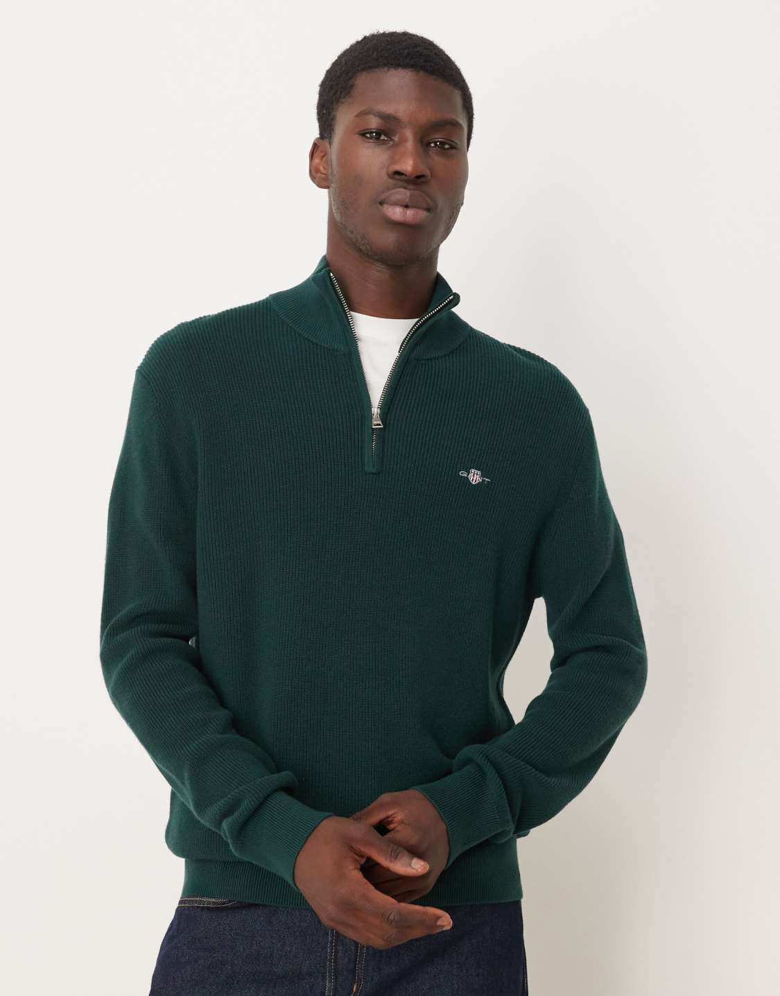 GANT - merino cotton ribbed half zip knit jumper in dark green