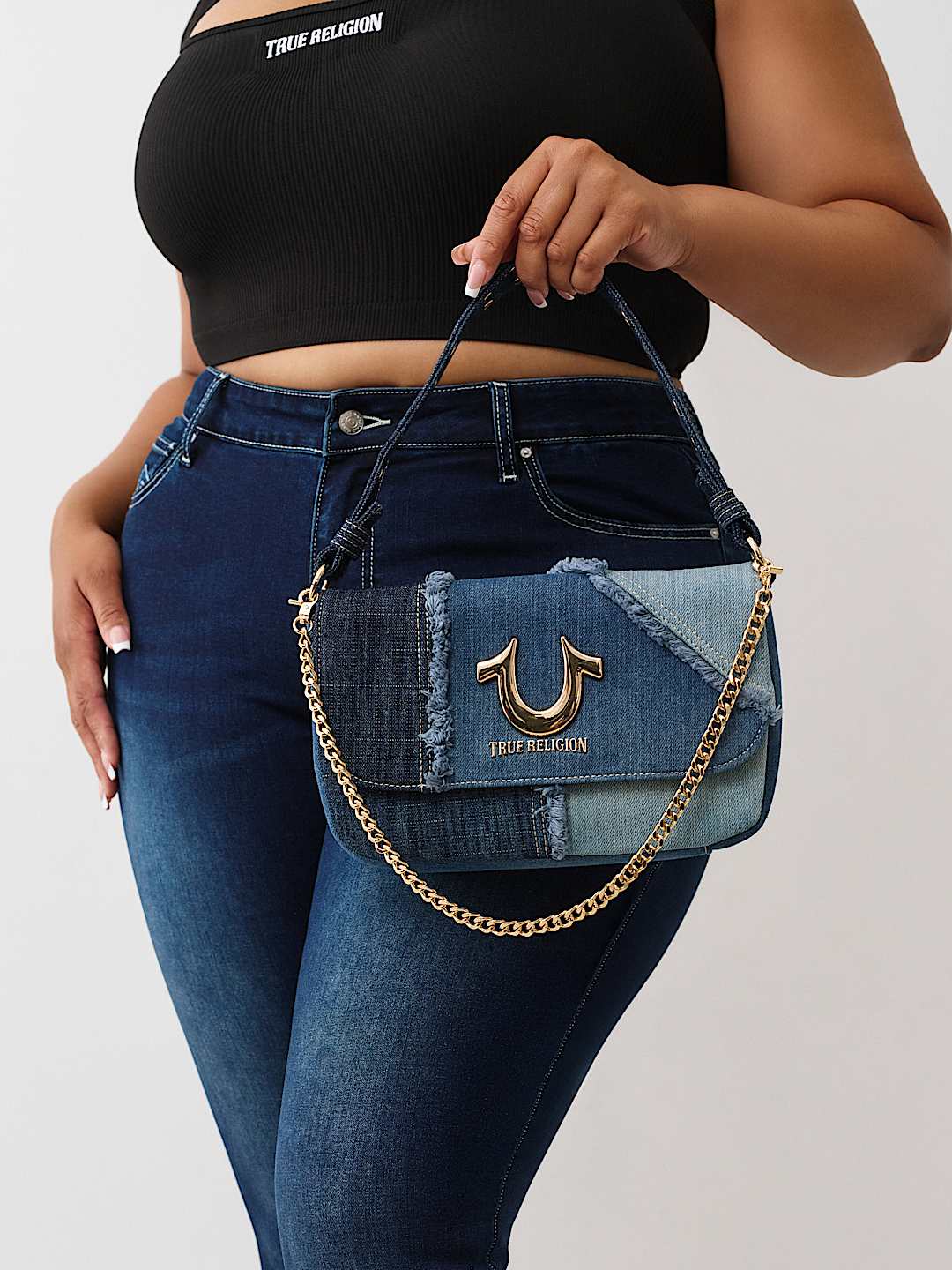 True Religion - PATCHED DENIM CHAIN HANDLE BAG